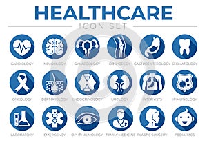 Blue Icon Set of Cardiology, Neurology, Gynecology, Orthopedy, Gastroenterology, Stomatology,Oncology, Dermatology, Urology, photo