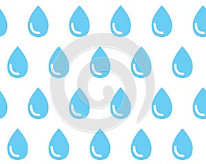 Blue identical drops of water on white background, seamless pattern. Drops as symbol of rain. Heavy rain. Vector background