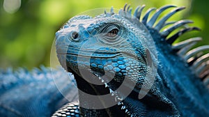 Blue Iguana closeup head, Blue Iguana, Grand Cayman Blue Iguana, blurred background. generative ai