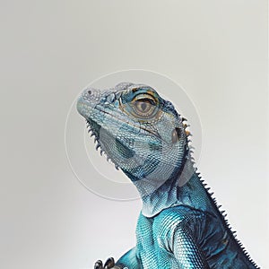 blue iguana on white background, close-up, macro photo