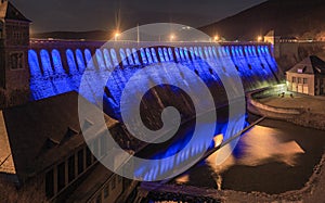 Blue illuminated Edertalsperre at night