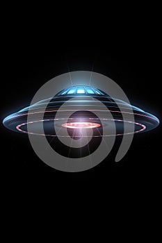 Blue illuminated round spaceship design, UFO isolated on black background. Generative ai