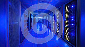 Blue Illuminated Server Room Corridor