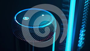 Blue Illuminated Smart Speaker on Dark Background with Perforated Metal Grille and Blue Light Ring