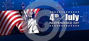 Blue illustration with USA flag element, design component, statue silhouette, festive fireworks