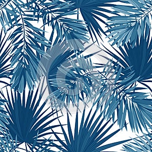 Blue indigo summer tropical camouflage with palm leaves. Seamless vector pattern.