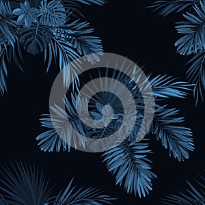 Blue indigo tropical pattern with jungle plants. Seamless tropical fabric design with phoenix palm leaves.