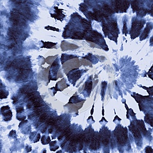 Blue Indigo Tye Die. Grunge Spiral. White Print photo