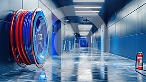 The blue industrial hallway.AI generated image