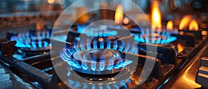 Blue Inferno: A Symphony of Gas Stove Flames. Concept Gas Stove Flames, Blue Inferno, Culinary Art,