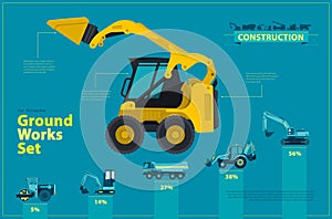 Blue infographic big set of ground works blue machines vehicles.