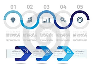 Blue Infographic process chart and arrows with step up options. Vector template.