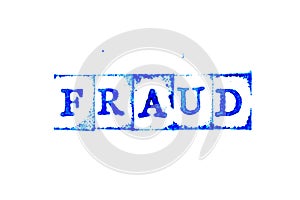 Blue ink of rubber stamp in word fraud on white paper background