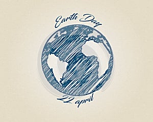 Blue ink sketch vector world globe planet with text around. Earth day drawing on recycling carton