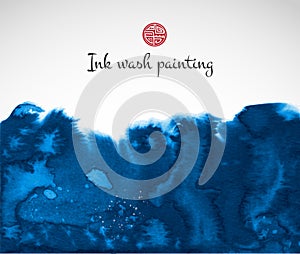 Blue ink wash painting on white background. Traditional Japanese ink painting sumi-e. Siign of blessing photo
