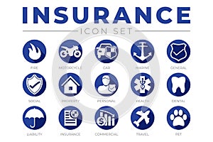 Blue Insurance Icon Set with Insurance Icons