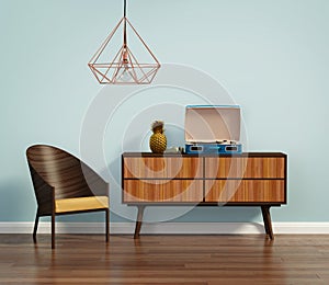 Blue interior with mid century chair and buffet