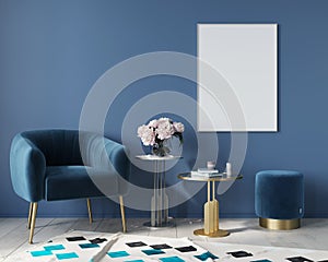 Blue interior with velvet armchair and metal tables