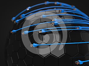 Blue internet cables covering hi-tech sphere. conceptual 3d illustration of ethernet cable and rj-45 plug.