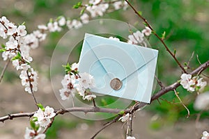 Blue invitation envelope with a wax seal, a gift certificate, a postcard, a wedding invitation card on the background of