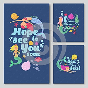 Blue invitation vector cards with cute cartoon sea mermaid, starfish and fishes