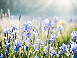 Blue iris flowers in a meadow in sprin