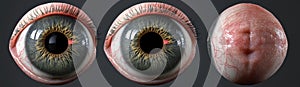 Blue iris pupil on three sides of a realistic human eyeball