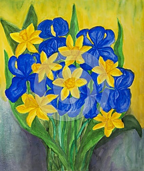 Blue irises and yellow daffodiles watercolor painting.