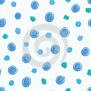 Blue irregular paint brush polka dots vector seamless pattern. Trendy seamless pattern. Aqua blue circles on white