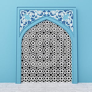 Blue Islamic Arch With Traditional Floral Design On Top And Arabesque Pattern Frame