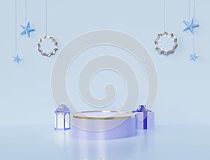 Blue islamic decoration hanging star and decor single product display podium with golden lebel on circle lantern and box