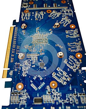 Blue isolated motherboard or computer boar with chips and component on it on a white background