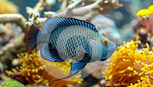 Blue jaw triggerfish swims gracefully among vibrant corals in saltwater aquarium.