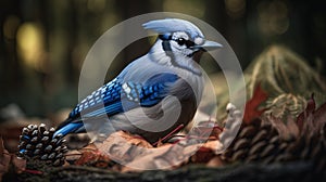 Blue Jay bird closeup with forest background. Generative AI
