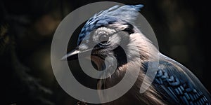 Blue Jay bird closeup with forest background. Generative AI