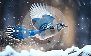 Blue jay bird in flight in winter with snow falling in the air generative AI