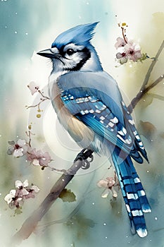 blue jay bird sitting on a branch of a cherry tree