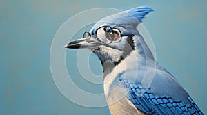 Blue Jay With Glasses: Contemporary Realist Portrait Of A Surrealist-inspired Bird