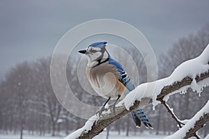 Blue jay on a snow-laden branch