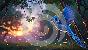 Majestic Blue Jay in Flight at Sunset