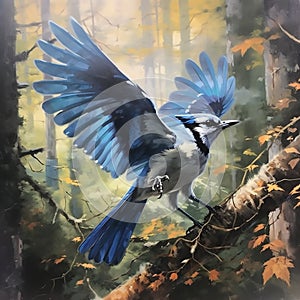 Blue Jay in a sunlit forest