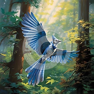 Blue Jay in a sunlit forest
