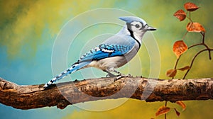 Blue Jay On Wood Branch Precision Painting With Bright And Bold Colors