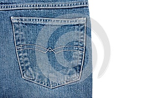 Blue jean back pocket on white background