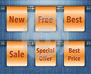 Blue jeans background with brown leather shopping labels