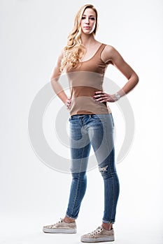 Blue jeans and brown underskirt woman