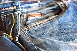 Blue jeans close-up on the table.