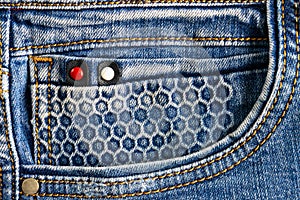 Blue jeans front pocket for fashion background, close-up.