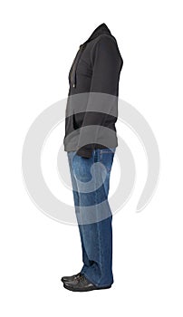 Blue jeans, hooded sweatshirt and leather shoes isolated on white background