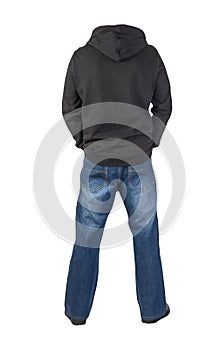 Blue jeans, hooded sweatshirt and leather shoes isolated on white background